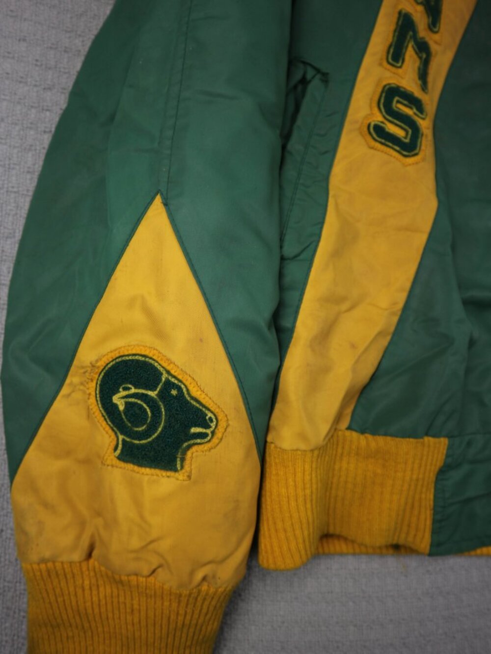 1970's Football Varsity Bomber Jacket Lightning Zipper Rams Patchwork L as-is - Picture 5 of 12